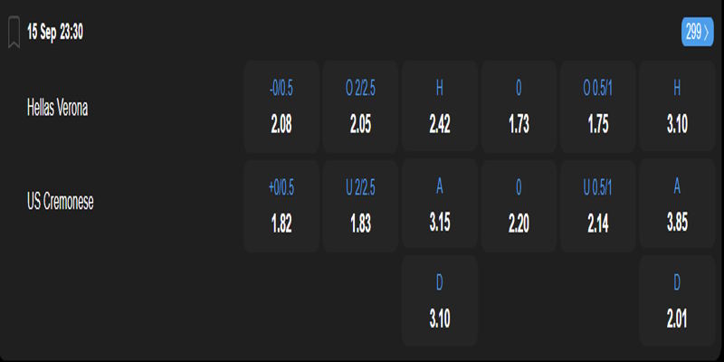 Hellas Verona vs Cremonese - bảng tỷ lệ kèo