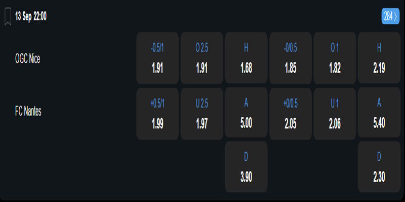 Nice vs Nantes - bảng tỷ lệ kèo.