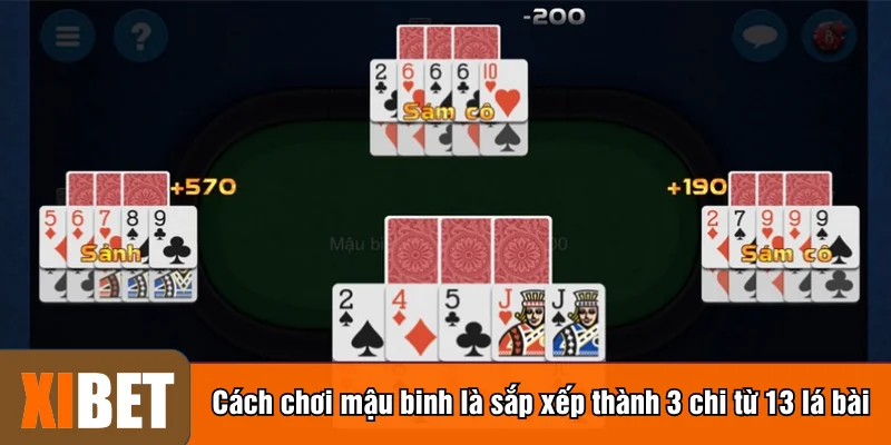 Cách chơi mậu binh là sắp xếp thành 3 chi từ 13 lá bài